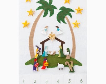 Nativity Advent Calendar Pattern - Wool Felt - Christmas Holiday Countdown - 'Star of Wonder' Base with 24 Magnetic Characters