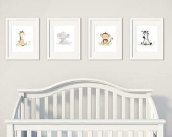 Set of 4 Wall Art - Safari Nursery - Baby Animal Prints - Nursery Decor - Baby Shower Gift - Baby Elephant - Safari Wall Art - Sweet Cheeks