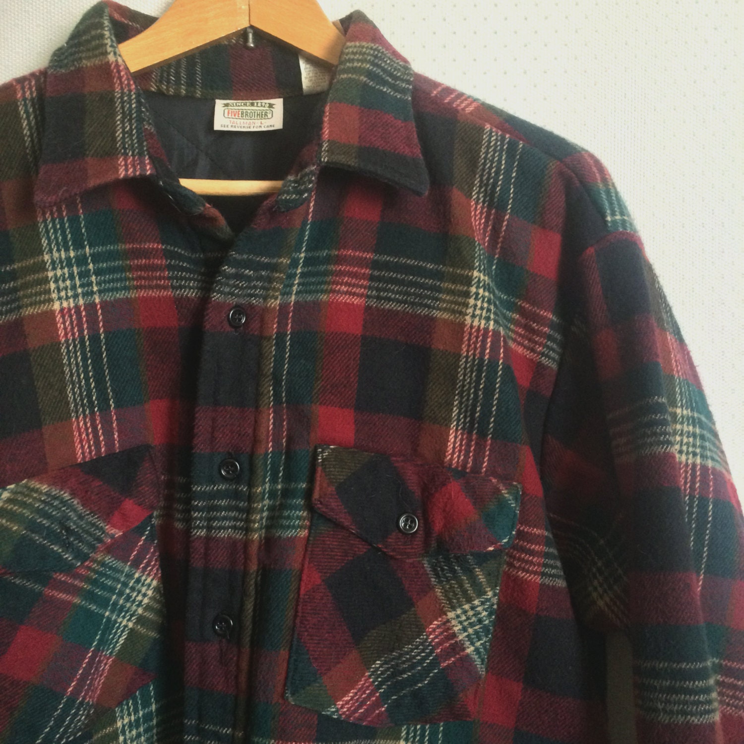 80s Red Plaid Flannel Shirt Button Down // Vintage Green Mens