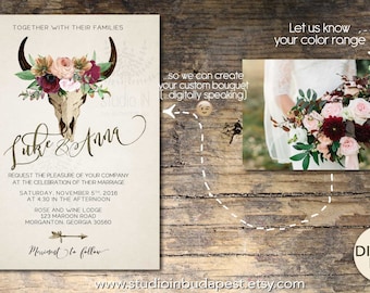 Invitación de boda Boho, rústico de boda, invitan a caligrafía, novia boho, RSVP tarjeta, invitación digital DIY conjunto,