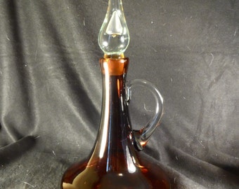 Art Glass Decanter-Amber Blown Glass Decanter, Clear Handle and Stopper-Barware