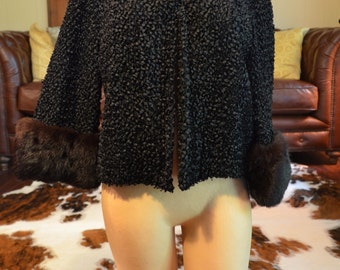 1950's Black Ribbon Evening Jacket with Mink Fur Cuffs and 3/4 Length Sleeves
