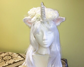 WHITE Unicorn Headpiece/Wig w/Pearls & Crystals