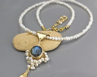 Bridal Statement Necklace, Pearl Necklace, Gift, Labradorite Necklace, Pearl Jewelry, Bridal Necklace, Statement Necklace, Pearl Wedding