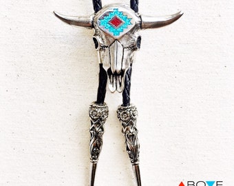 Southwestern BOLO TIE with Cow Skull and Genuine Turquoise - The 'Sacred Bull' Bolo Tie