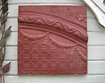 Antique Ceiling Tin Tile, FRAMED & Ready to Hang. Large red metal wall art. French country decor. Vintage Oklahoma architectural salvage.