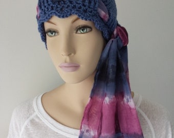 Chemo Hat With Scarf, Hat, Cloche, Beanie, Boho, Peacock Blue & Waterfall Scarf, Cancer Patients, Everyday Wear