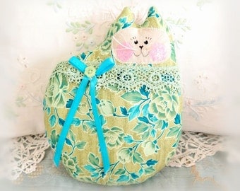 Cat Pillow Doll Cloth Doll 7 inch Cat, Olive Green Aqua Teal Print, Primitive Soft Sculpture Handmade CharlotteStyle Decorative Folk Art
