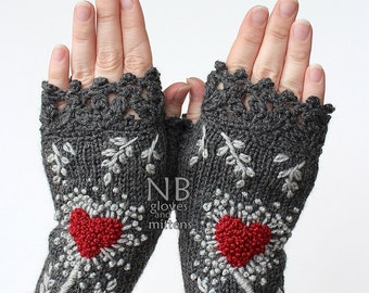 Hand Knitted Fingerless Gloves, Heart, Dark Grey, Red, Gray, Gift Ideas, size M, M/L