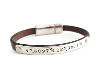 Custom Coordinate Silver Leather Bracelet, Latitude Longitude Bracelet, Personalized GPS Coordinates, Bridesmaid Gift for Her, Wedding Gift