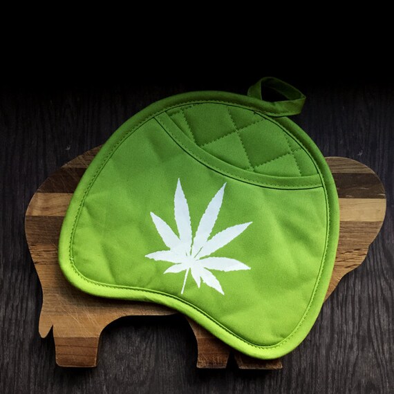 Pot Holder Oven Mitt Lime Green white Marijuana Leaf Hot