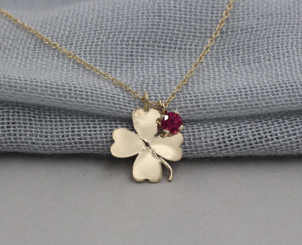 14k solid gold four leaf clover good luck emerald necklace