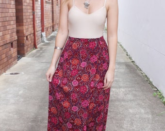 Vintage 90s does 70s Magenta Pink Floral High Waisted Maxi Skirt XS-S
