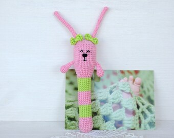 Crochet rattle Easter Bunny kids Baby shower girl favors Baby teething toy Unique baby gift Wooden teether Eco friendly toy Organic teether