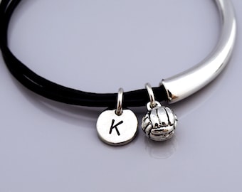 Volleyball bangle, volleyball charm bracelet, Volley Ball bracelet, sports charm, Leather bracelet, Leather bangle, Initial bracelet