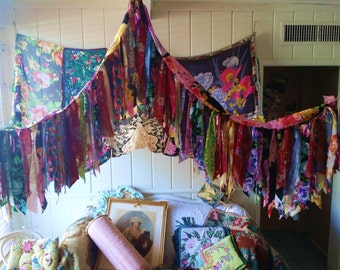 Boho Bed Canopy Rose wedding Hippy vtg scarves Bohemian hippie Hippiewild Decor curtain photo backdrop Fringe floral flowers Made to Order