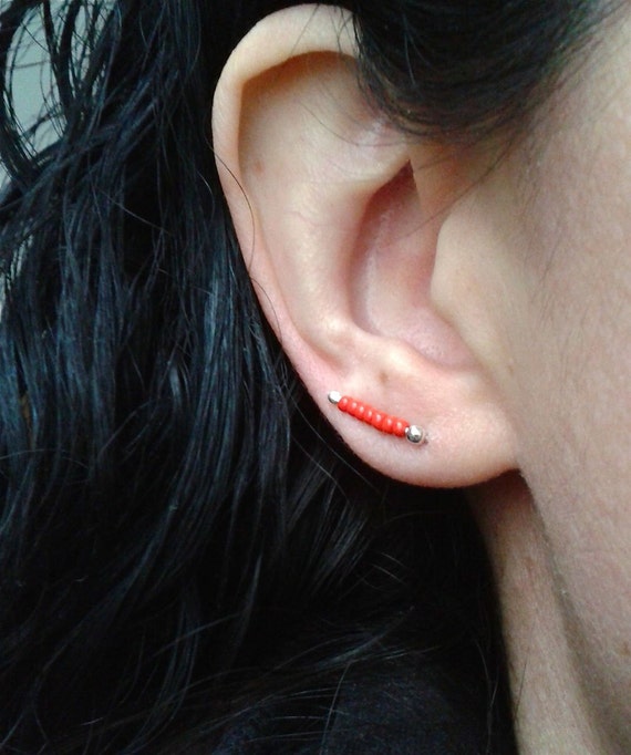 Items similar to Silver ear jackets, dark red ear cuffs, cool earring
