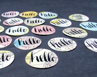 vintage atlas hello stickers, 20 Handwritten Calligraphy Stickers, Hand Lettered Envelope Seals
