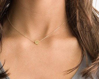 Delicate Lotus Necklace / Dainty Gold Necklace Layering Collar Necklace on 14k Gold Fill or Sterling Silver Chain / Layered and Long LN302