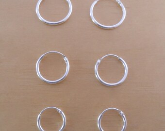 925 Sterling Silver, 3 Pairs of HOOP Earrings 14 mm, 12 mm & 10 mm Diameter
