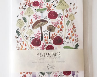 Letter set, letter writing set, with watercolour illustration of mushrooms, fungi, botanical of autumn colours,レターセット,イラスト,便箋