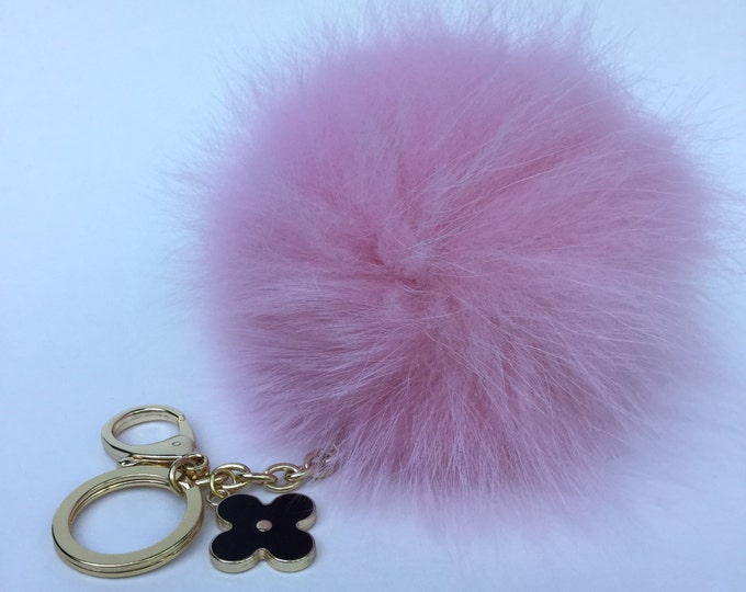 Light Pink Fox Fur Pompom bag charm pendant Fur Pompoms keychain with flower clover charm in silver