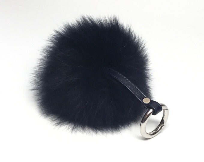 Navy Fox Fur Pom Pom luxury bag pendant with leather strap metal buckle key ring chain bag charm