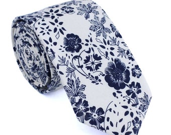 Cream and Black Floral Skinny Tie, Skinny Men's Ties, Cotton Skinny Tie, Men's Floral Skinny Tie