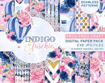 Watercolor Hot Air Balloons Digital Paper Pack Flowers Navy Blue Indigo Hot Pink Fuschia Seamless Patterns Gold Repeatable Instant Download