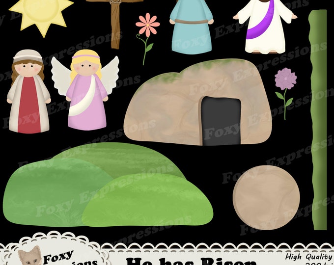 He has Risen clip art is great for kids and crafts. It comes with Jesus, Angel, both Marys, cross, tomb, rock, hill, grass, sun, & flowers