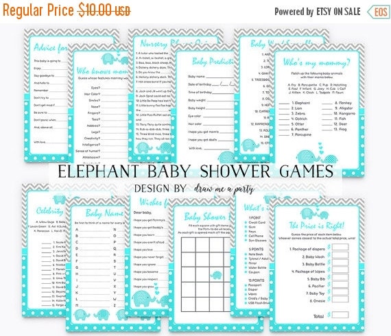 ON SALE Elephant Baby Shower Games Package Teal by DrawMeAParty