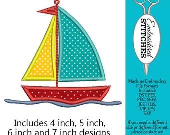 Sailboat Applique Machine Embroidery Design 4 Sizes Included Instant Download, Boating, Summer Design