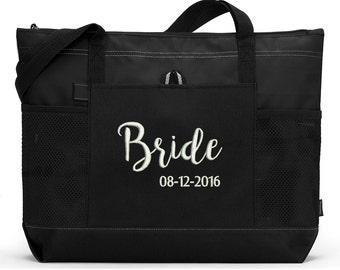 Bride Tote Bag, Bridal Party Gift, Gift For Bride, Custom Embroidered Zippered Tote Bag With Mesh Pockets, Beach Bag, Boating