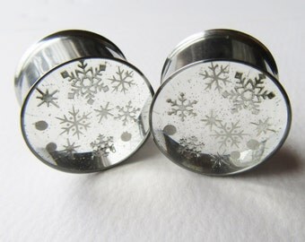 Snowflake Ear Plugs, Ear Tunnels, Winter Plugs, Glitter Plugs, Silver Christmas Gauges, Holiday Gifts, Winter Gauges 0g to 2 inch