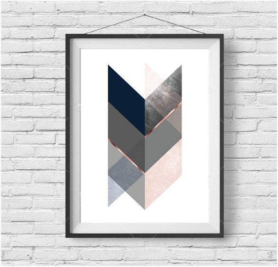 Navy Pink Print Navy Blush Wall Art Scandinavian Print Chevron