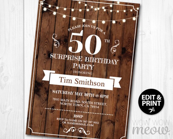 birthday 80th letter for invitation 50th Wood Birthday Rustic Invite Invitation Party Surprise