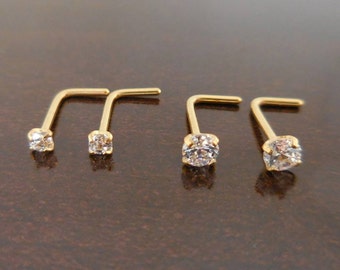Pair 2mm or 3mm Prong Set Screws Rings Bones Nose Piercing L Shape Stainless Steel Gold Tone Titanium Comfortable Jewelry 20G or 18G