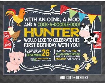 Chalkboard, Farm Birthday Invitations, First Birthday Farm Invitations, Old MacDonald Invitations, Farm Animal Invitations, Country Party