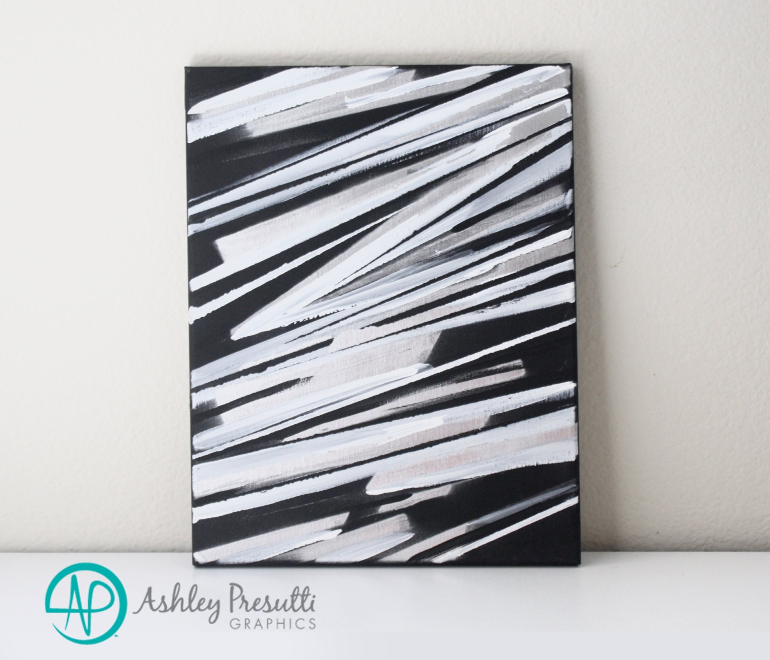Black White Silver Original Abstract Art Stripes
