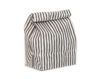 Lunch Bag in Navy Ticking // Waxed Canvas Lunch Bag // Lunch Bags // Striped Lunch Bag