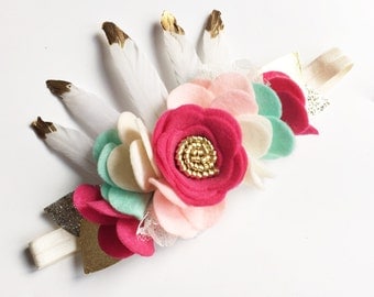 Boho Baby Headband - Baby Flower Crown - Wild One Birthday - Felt Flower Crown - Birthday Crown - Baby Flower Headband - Feather Headband