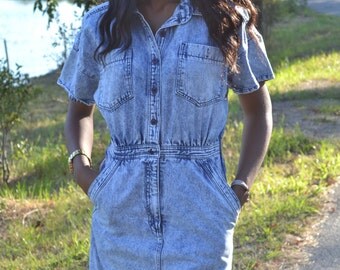 Vintage acid wash dress/ Vintage denim dress/ Vintage dress/ Size 11/12