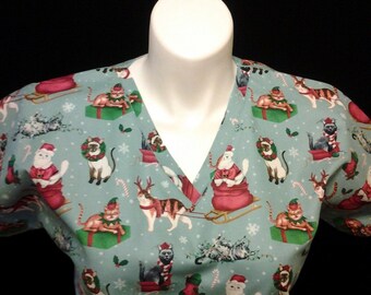 cat christmas scrub top