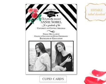 Floral Photo Graduation Announcement Template Printable Graduation Party Invitation Design Gold Striped |PHOTOSHOP FILE |GR_1|