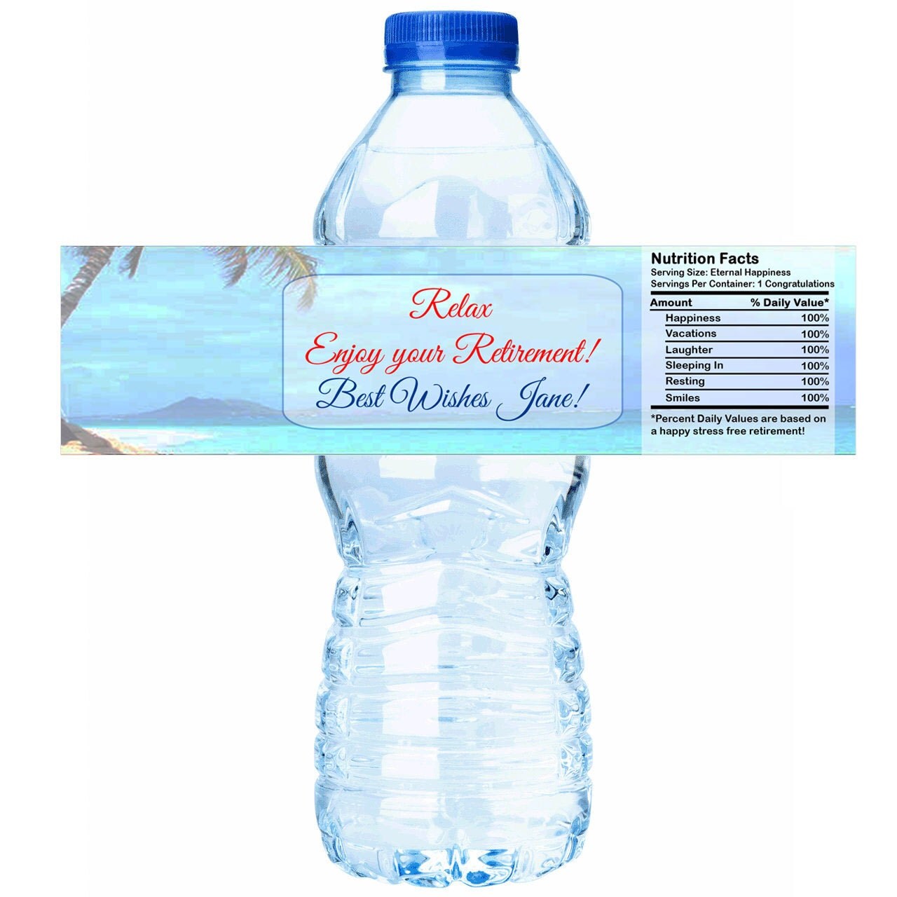 Island Beach Themed Retirement Water Bottle Labels Select