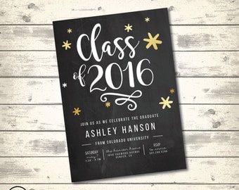 Chalkboard Gold and White Graduation Invitation, Gold Stars Graduation Party, Black and White Graduation Announcement, Digital Printable