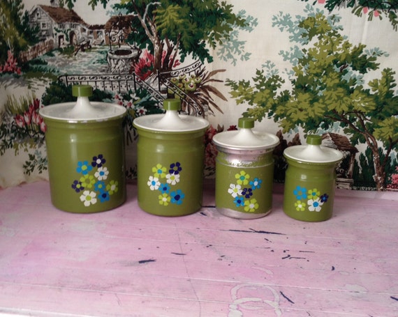  Kitchen  Canisters 1970 s Olive  Green  by DigginForTreasure 