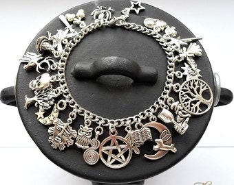 Wiccan Charm Bracelet, Pagan Charm Bracelet, Wicca, Witch, Druid, Wiccan Charms, Book of Shadows, Pentagram, Green Man, 4 Lengths Available