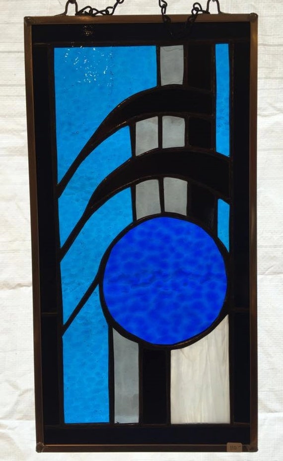 Cobalt blue and black stained glass window hanging