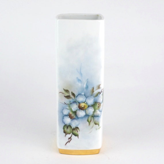 Items similar to White Porcelain Vase, Bavarian Cylinder Vase, Blue